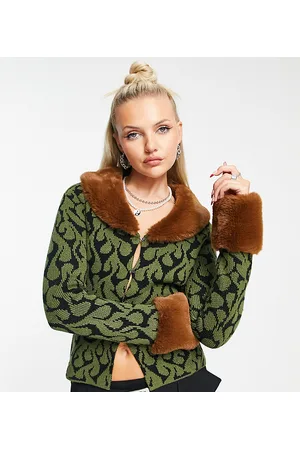 COLLUSION Knitted fur trim split front cardigan in khaki and jacquard