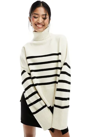 Bershka Roll neck jumper in ecru & black stripe