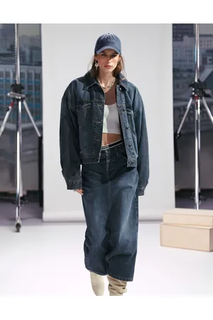 Topshop Denim lined borg balloon sleeve jacket in smokey