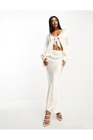 SNDYS Satin midi skirt co-ord in champagne