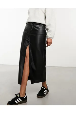 Pull&Bear Faux leather split front midi skirt in