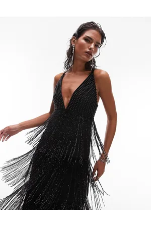 Topshop Premium strappy embellished fringe and beaded mix midi dress in
