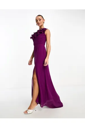 TFNC One shoulder ruffle maxi dress in berry