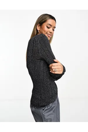 & OTHER STORIES Shrunken knitted variegated rib top in black with silver metallic