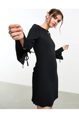 Monki Boat neck long sleeve mini dress with trumpet sleeves in