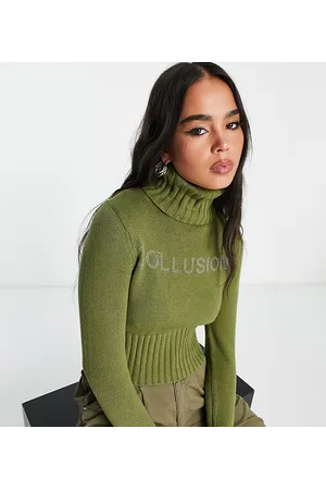 COLLUSION Knitted rollneck jumper with hotfix print in khaki
