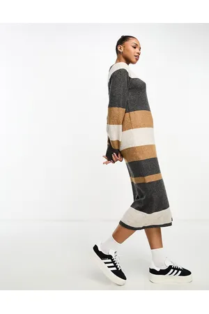 JDY Puff sleeve knitted maxi jumper dress in charcoal and beige stripe