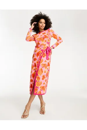 Never Fully Dressed Knitted wrap midi dress in pink and orange leopard