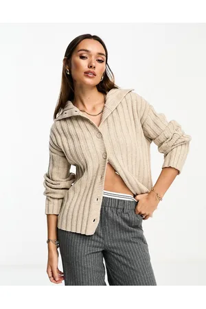 NA-KD X Moa Mattson button detail ribbed cardigan in beige