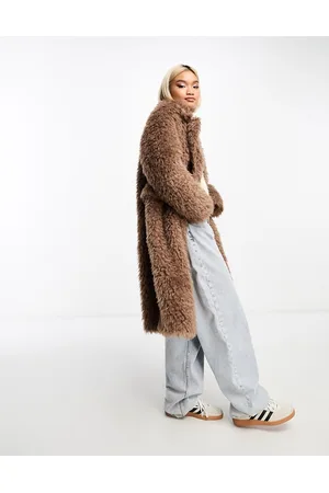 Glamorous Longline brushed fluffy coat in walnut