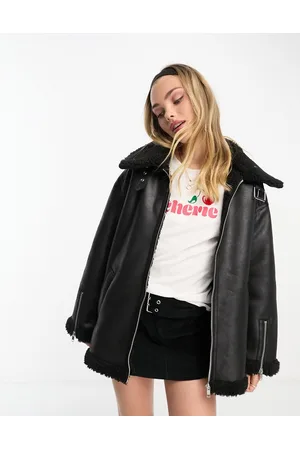 Monki Faux leather and shearing aviator jacket in