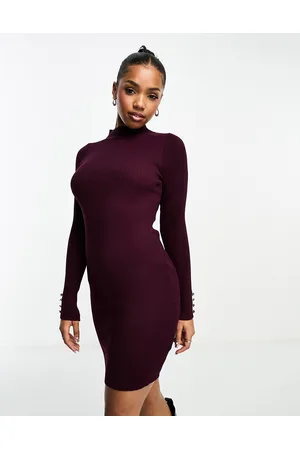 New Look Knitted button cuff mini dress in burgundy