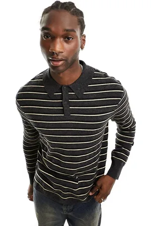 AllSaints Stafford long sleeve knitted polo top in and yellow stripe