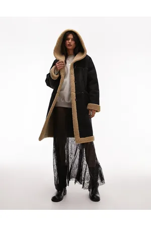 Topshop Reversible faux suede shearling hooded longline car coat with chocolate borg lining in