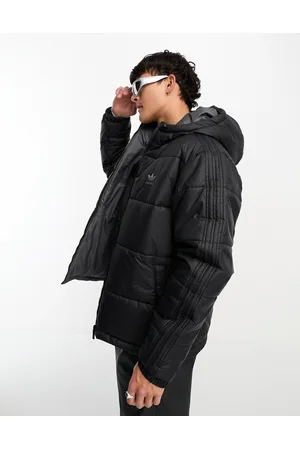 adidas 3 stripe reversible puffer jacket in and grey