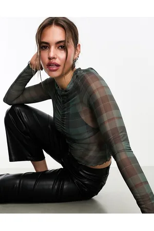 Monki Long sleeve mesh top in green and black check