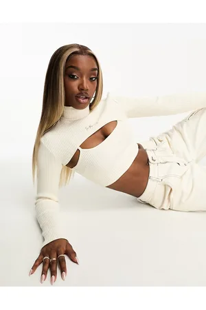Sixth June 2 in 1 high neck cut out detail crop top in off