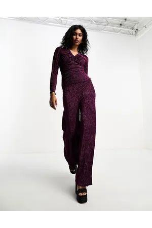 Closet Metallic plisse wide leg trousers co-ord in raspberry