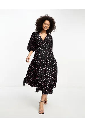 Glamorous Baloon sleeve wrap midi dress in pink spot