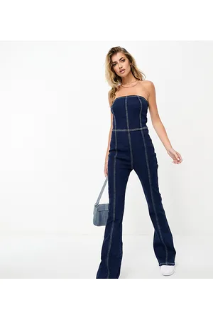 In The Style Exclusive denim bandeau flared jumpsuit in dark