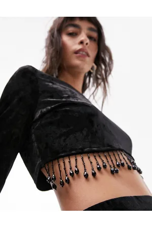 Topshop Co-ord velvet long sleeve tassel top in