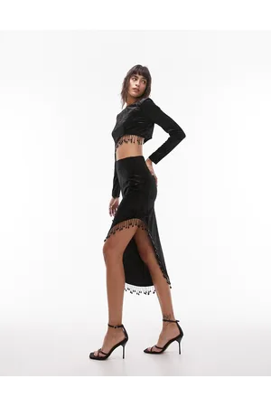 Topshop Co-ord velvet embellished tassel skirt in