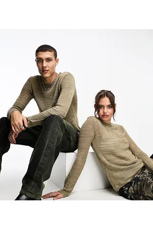 COLLUSION Open stitch knitted crewneck in taupe