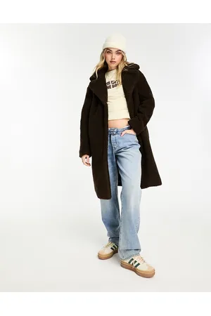 JDY Longline teddy coat in chocolate