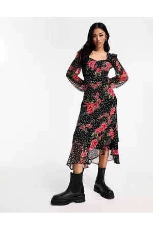 New Look V neck ruffle hem midi dress in rose pattern