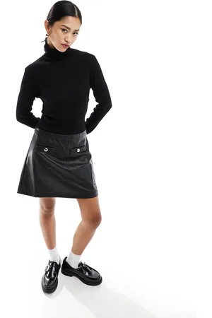 Morgan Knitted 2 in 1 roll neck leather look mini dress in