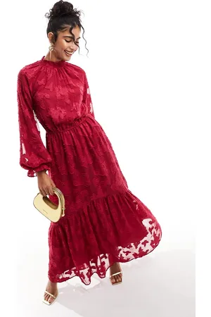 ASOS High neck big sleeve jacquard maxi dress in berry