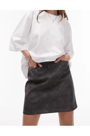Topshop Leather look 90s length zip detail skirt in distressed