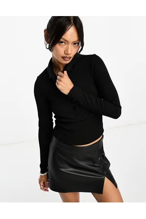 AllSaints Hallie long sleeve ribbed polo top in