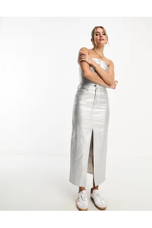 Pull&Bear Metallic denim split midi skirt co-ord in