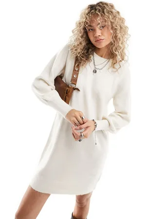 SELECTED Long sleeve knitted mini dress in cream