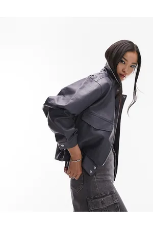 Topshop Faux leather oversized pocket collar bomber jacket in