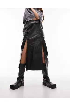Topshop Premium lattice lace up midi skirt with splits in