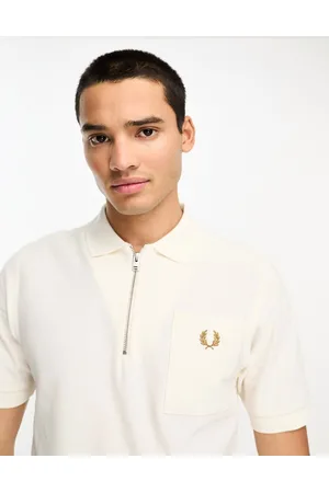 Fred Perry Textured zip neck polo shirt in ecru