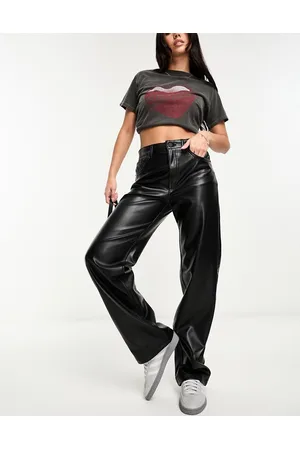 Pull&Bear Faux leather high rise straight leg trouser in