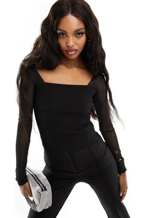 Abercrombie & Fitch Long mesh sleeve top with square neckline in
