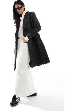 Morgan Double breasted longline wool coat in charcoal herringbone