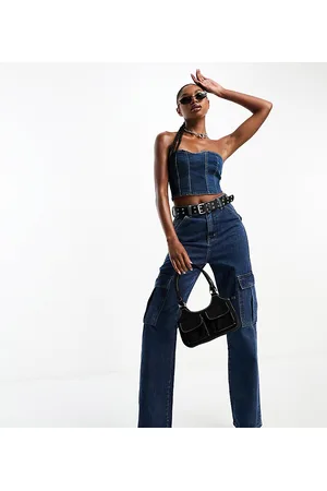 In The Style Exclusive denim cargo wide leg jeans co-ord in dark