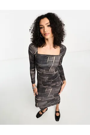 COLLUSION Square neck denim print long sleeve maxi dress in