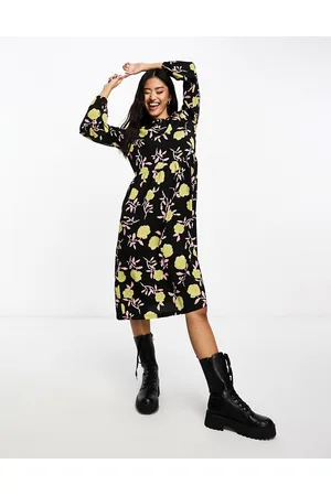 Monki Long sleeve midi dress in rose print