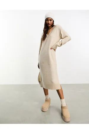 Y.A.S V neck knitted jumper dress in oatmeal