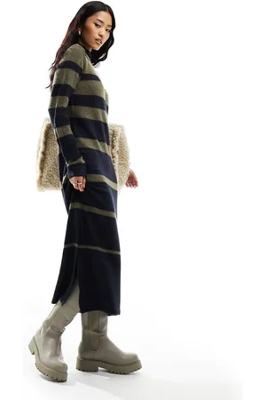 Pieces High neck knitted midi jumper dress in khaki & blue stripe