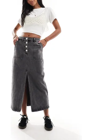 Y.A.S Denim midi skirt with split front and jewel buttons in washed