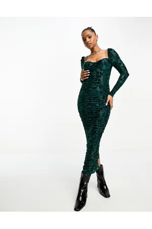 The Frolic Diamond strap devore ruched midi dress in emerald
