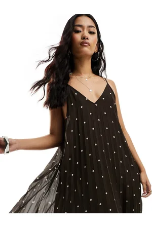 Object Plisse swing cami maxi dress in brown polka dot