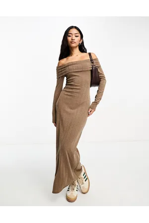Pull&Bear Off shoulder ribbed maxi dress in taupe